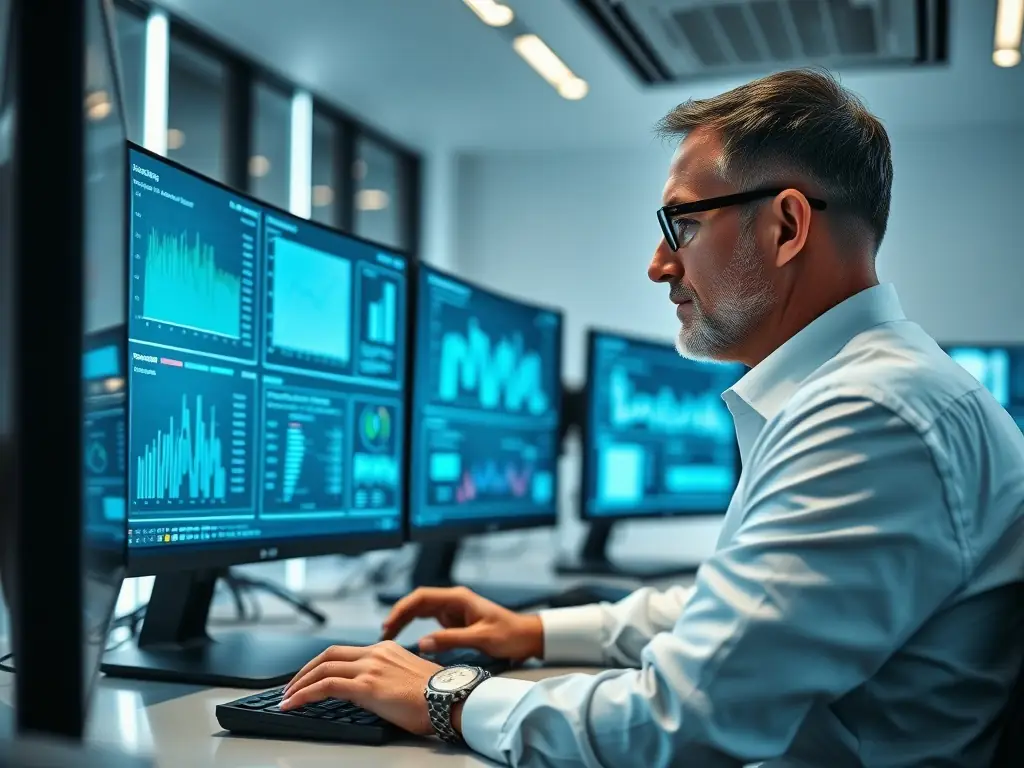 A professional cybersecurity analyst reviewing a detailed report generated by the Blue Pill Scorecard, highlighting key vulnerabilities and recommended actions for an SMB.