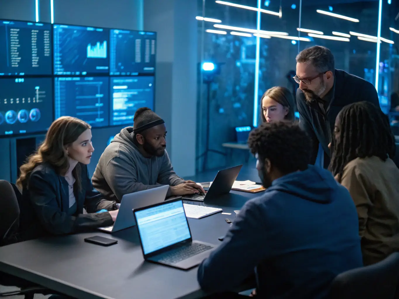 A diverse team of cybersecurity experts at Blue Pill Cyber collaborating to provide tailored security solutions for SMBs, emphasizing personalized support and expertise.