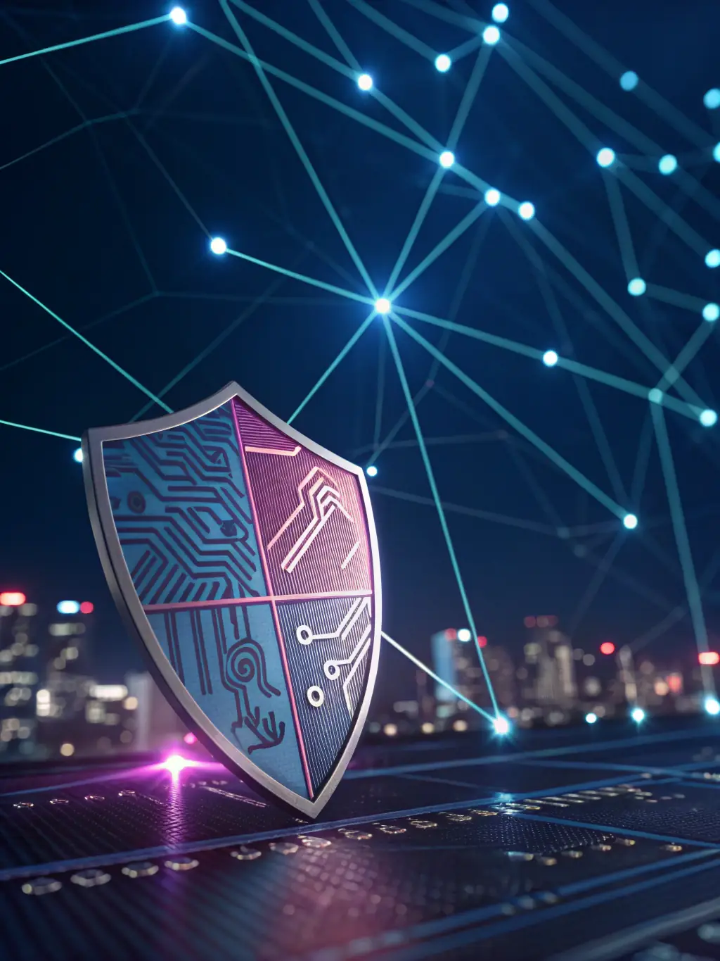 An illustration depicting a network of computers and devices, all interconnected and protected by a shield representing aiXDR PMAX's comprehensive security coverage.