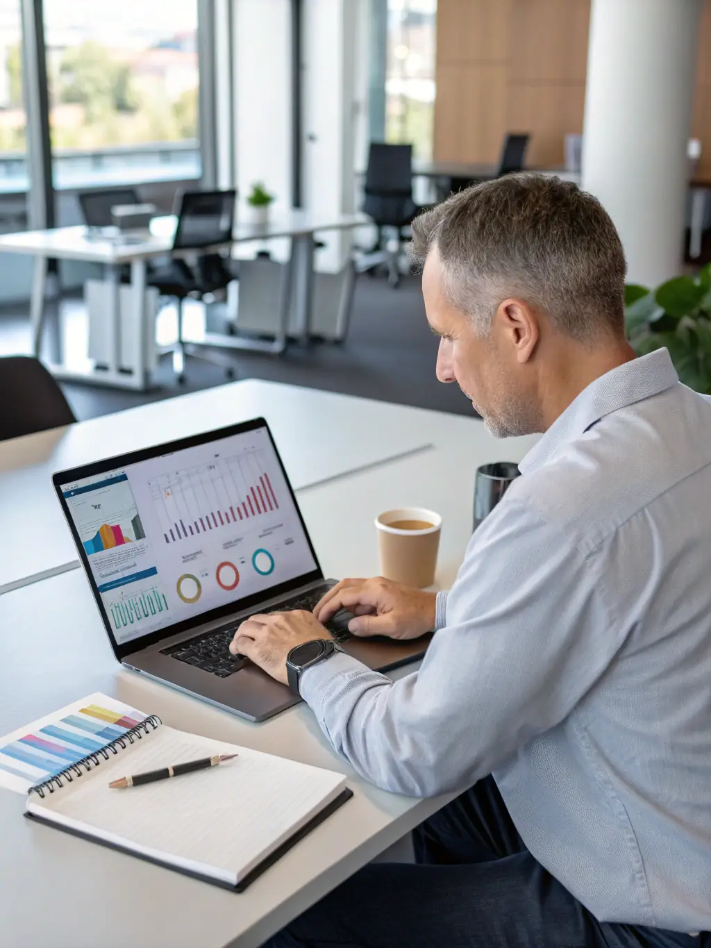 A small business owner looking relieved while reviewing a security dashboard on their laptop, indicating peace of mind from cyber threats.