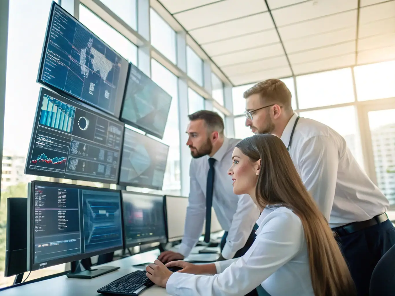 An image depicting a team of cybersecurity experts collaborating with an AI-powered dashboard to analyze and respond to a security incident.