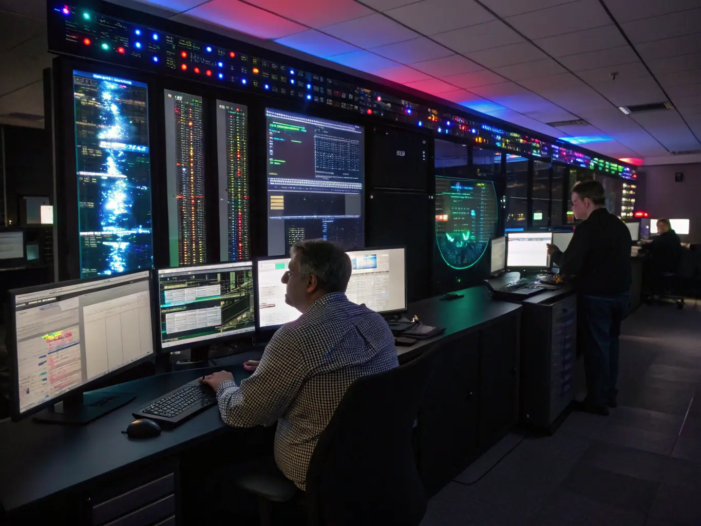 An image showing a network operations center (NOC) with multiple screens displaying system metrics and alerts, symbolizing proactive monitoring and maintenance.