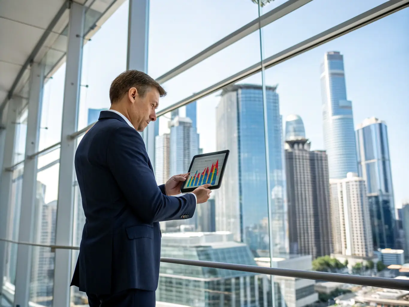 A professional business person in a suit, looking at a holographic display showing IT strategy and alignment with business goals, symbolizing strategic IT guidance.